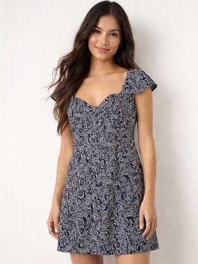 Free People Intimately Free Navy & Cream Floral Sweetheart Mini Dress, XS